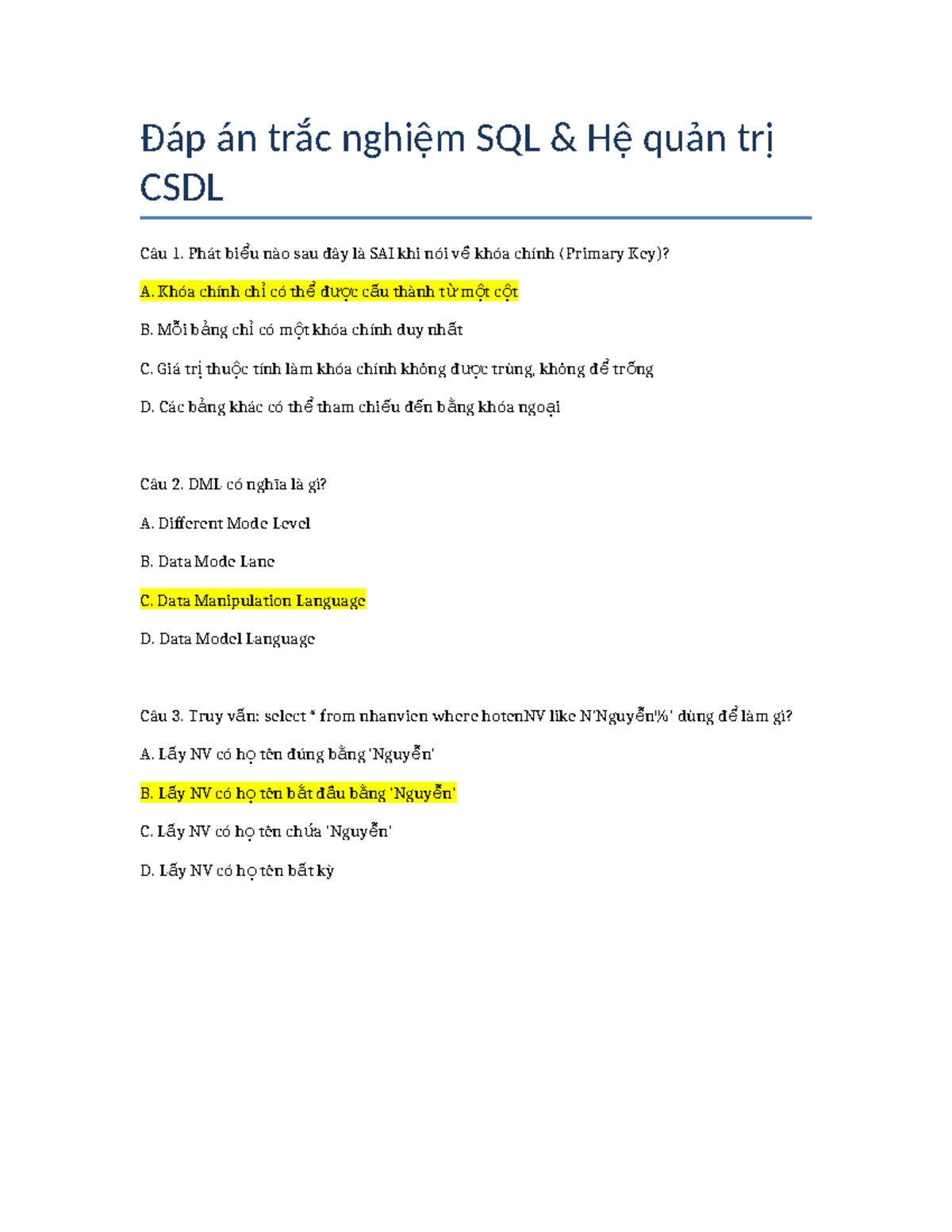 Đáp án trắc nghiệm SQL - Hệ quản trị CSDL 25 Câu - Studocu