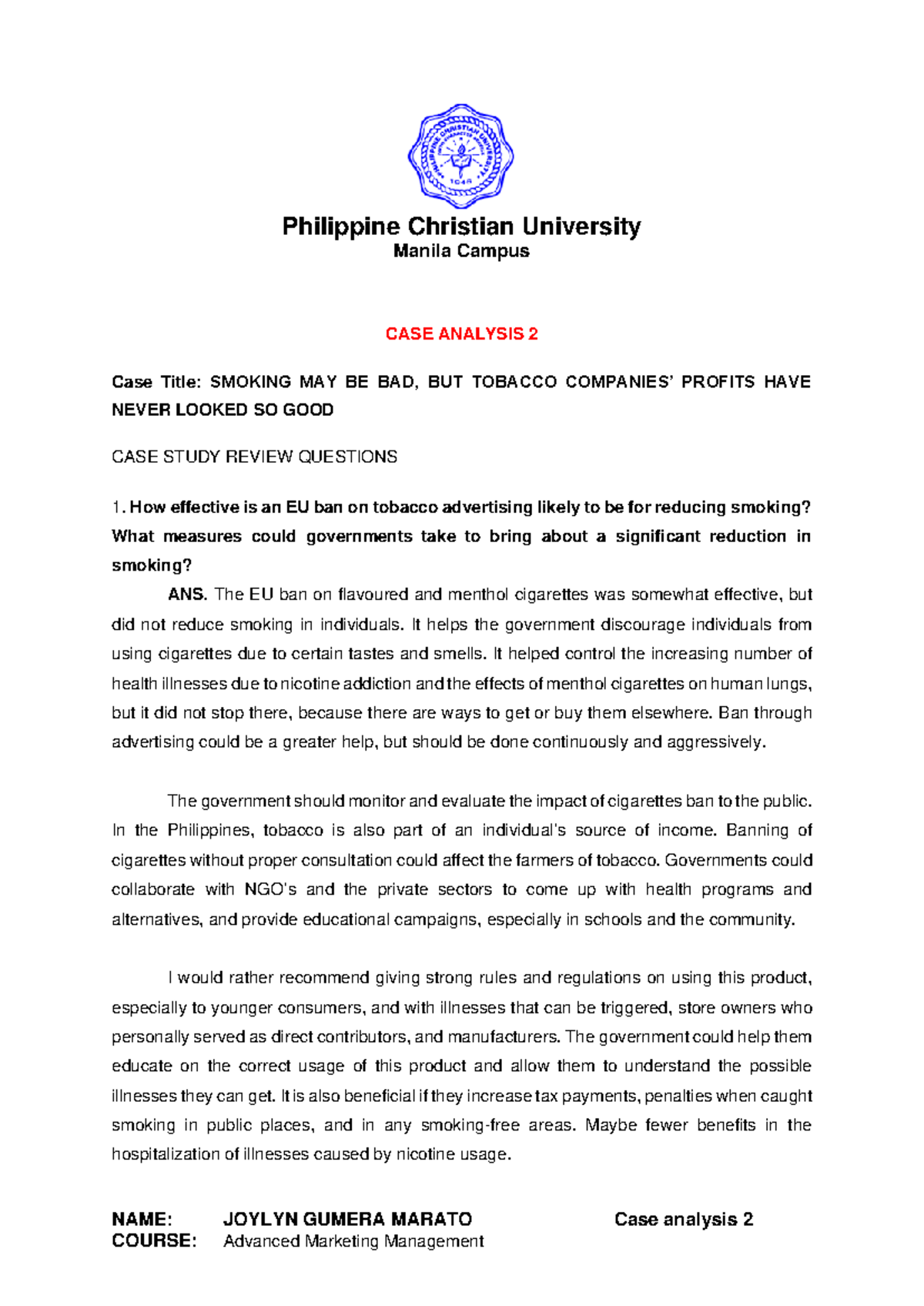 PCU Manila Case Study: Tobacco Profits vs. Smoking Regulations Analysis ...
