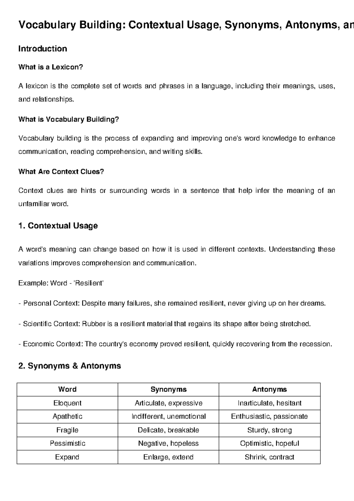 Vocabulary Building Final Exam: Context, Synonyms & Antonyms - Studocu