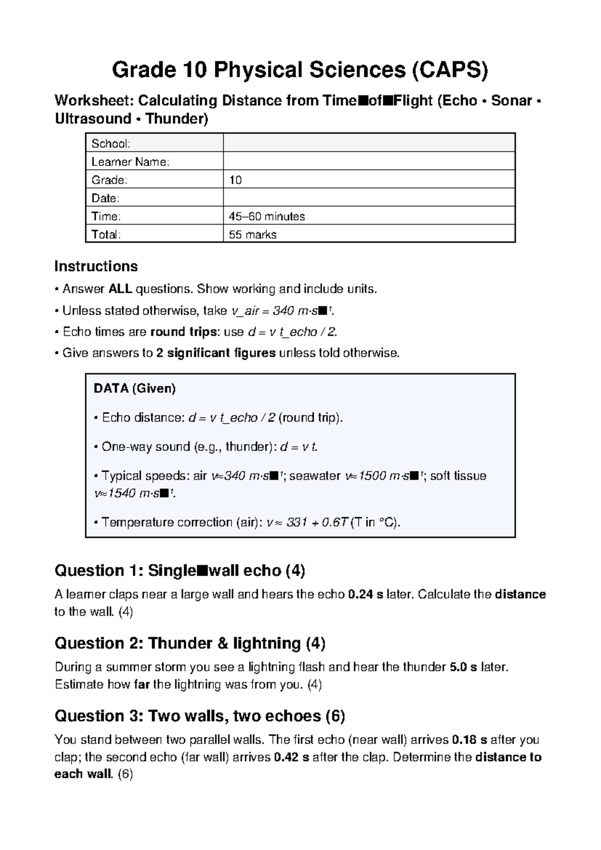 Grade 10 CAPS Worksheet: Distance Calculation with Echo Sonar - Studocu
