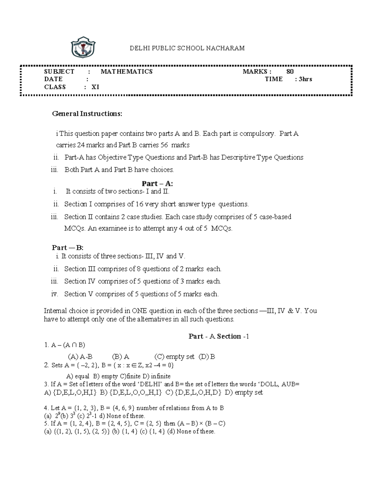Class 11 Mathematics Mock Test Paper 2 - Marks 80 - Studocu
