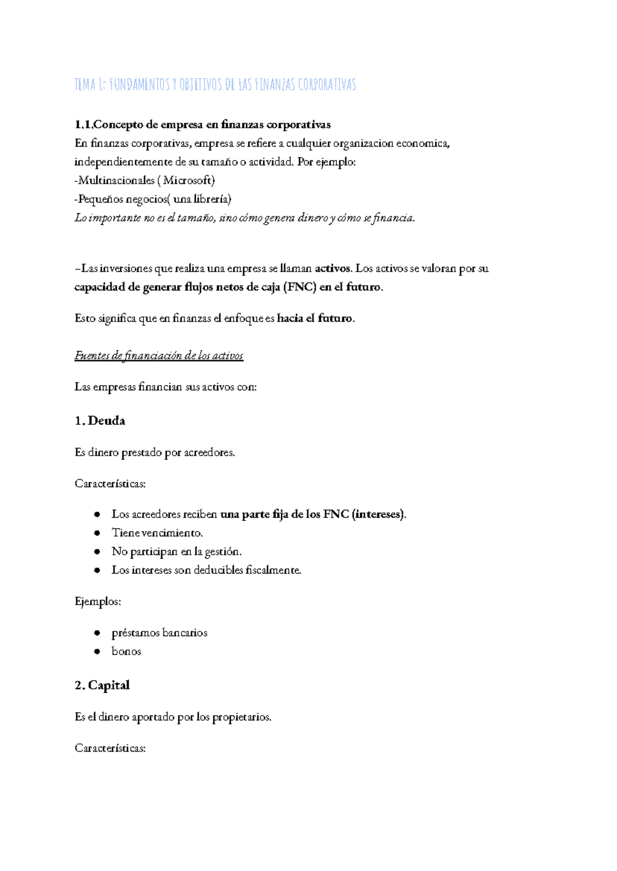 TEMA 1: FUNDAMENTOS Y OBJETIVOS DE LAS FINANZAS CORPORATIVAS - Studocu