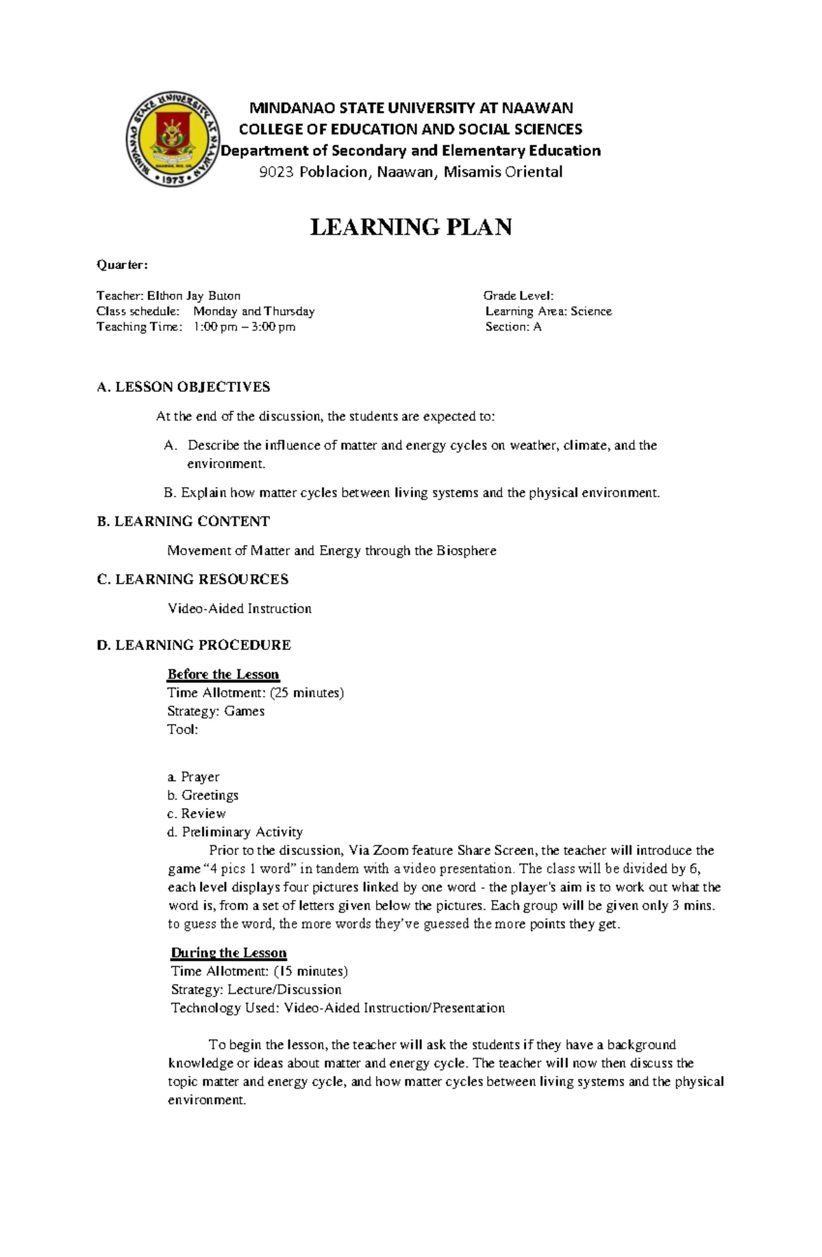 Learning Plan Sample for Health (Grade 5) - MSU Naawan - Studocu