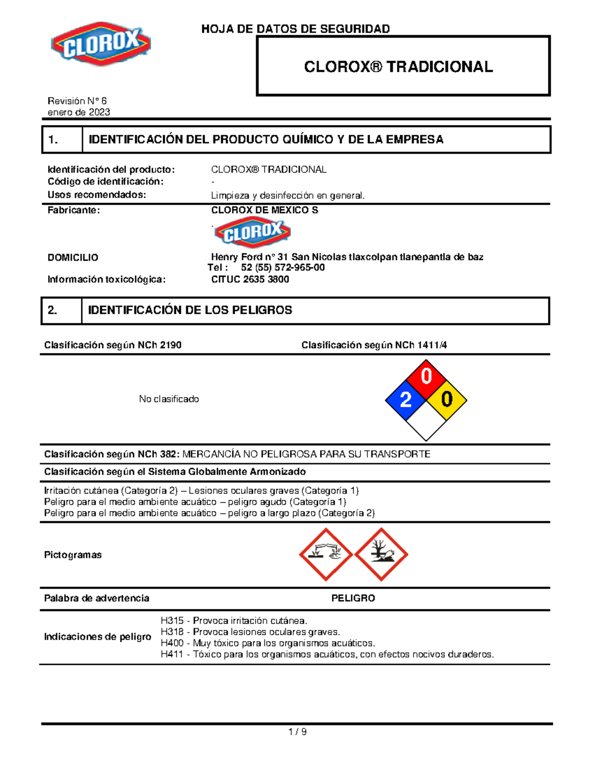 670624542 Hoja de Seguridad Clorox Tradicional - Revisión 6, 2023 - Document Preview
