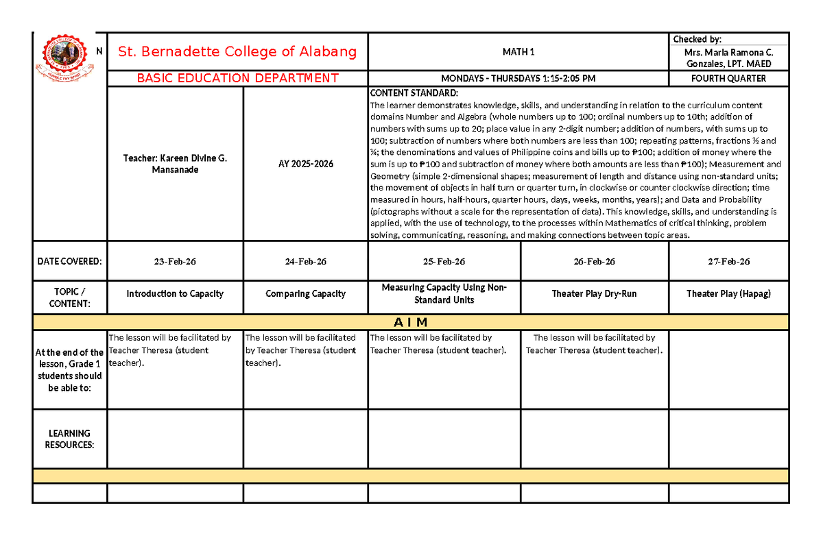 MATH1-WEEK29: Weekly Learning Plan for Grade 1 Math - Studocu