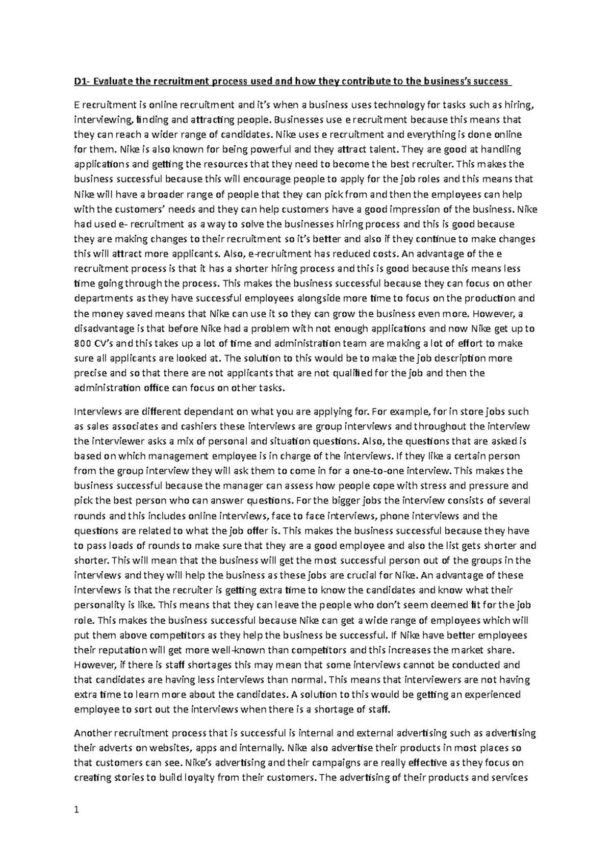 Unit 8 - Coursework 1 - Evaluating Nike's Recruitment Process for ...