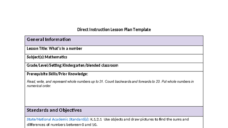 LMM2 Direct instruction lesson plan for mathematics concepts - Studocu