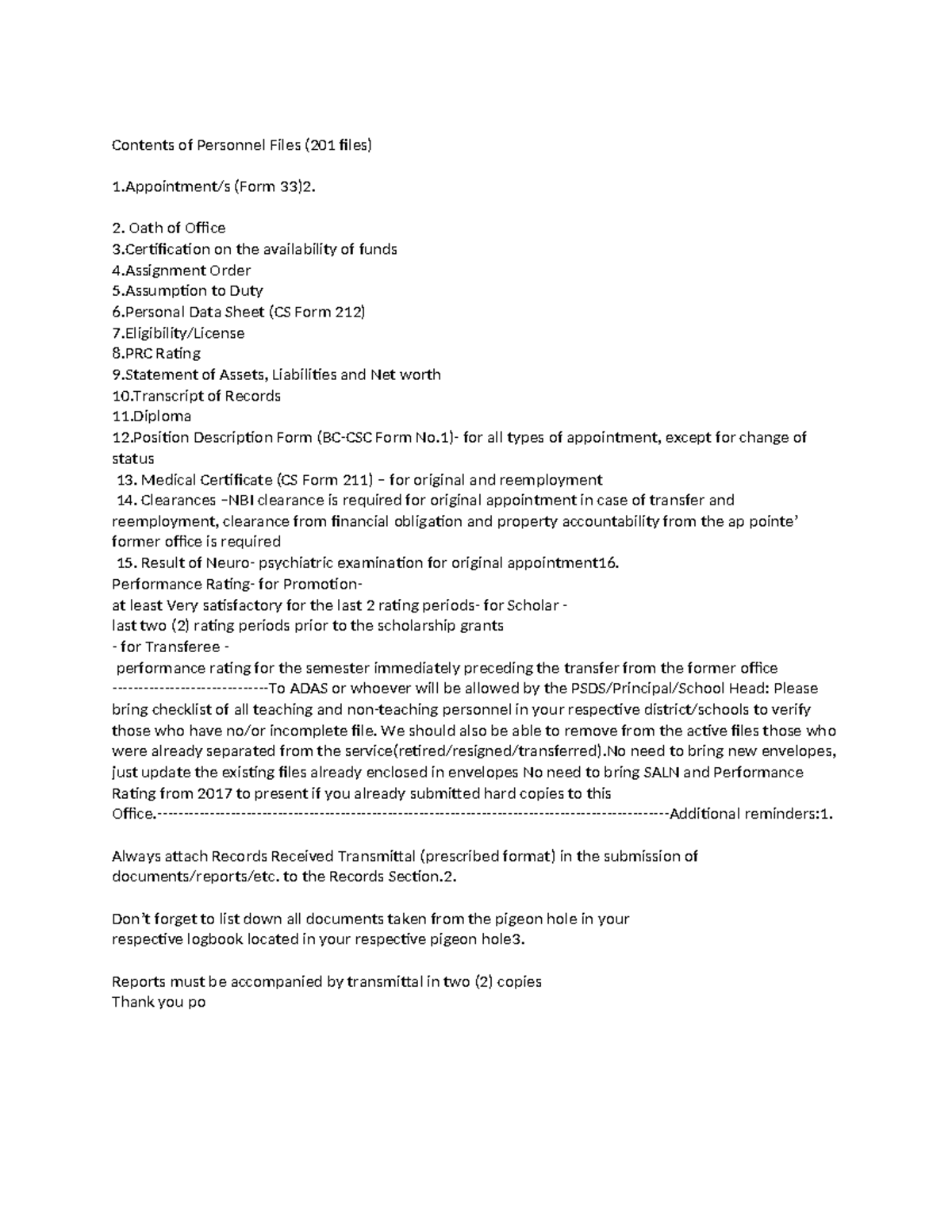 201 File Checklist for Teachers: Personnel Documents & Reminders - Studocu