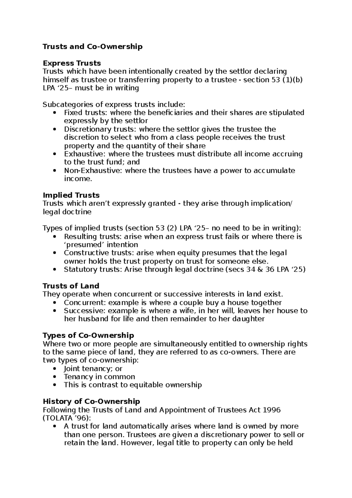 Trusts and Co-Ownership: Key Concepts and Legal Framework - Studocu