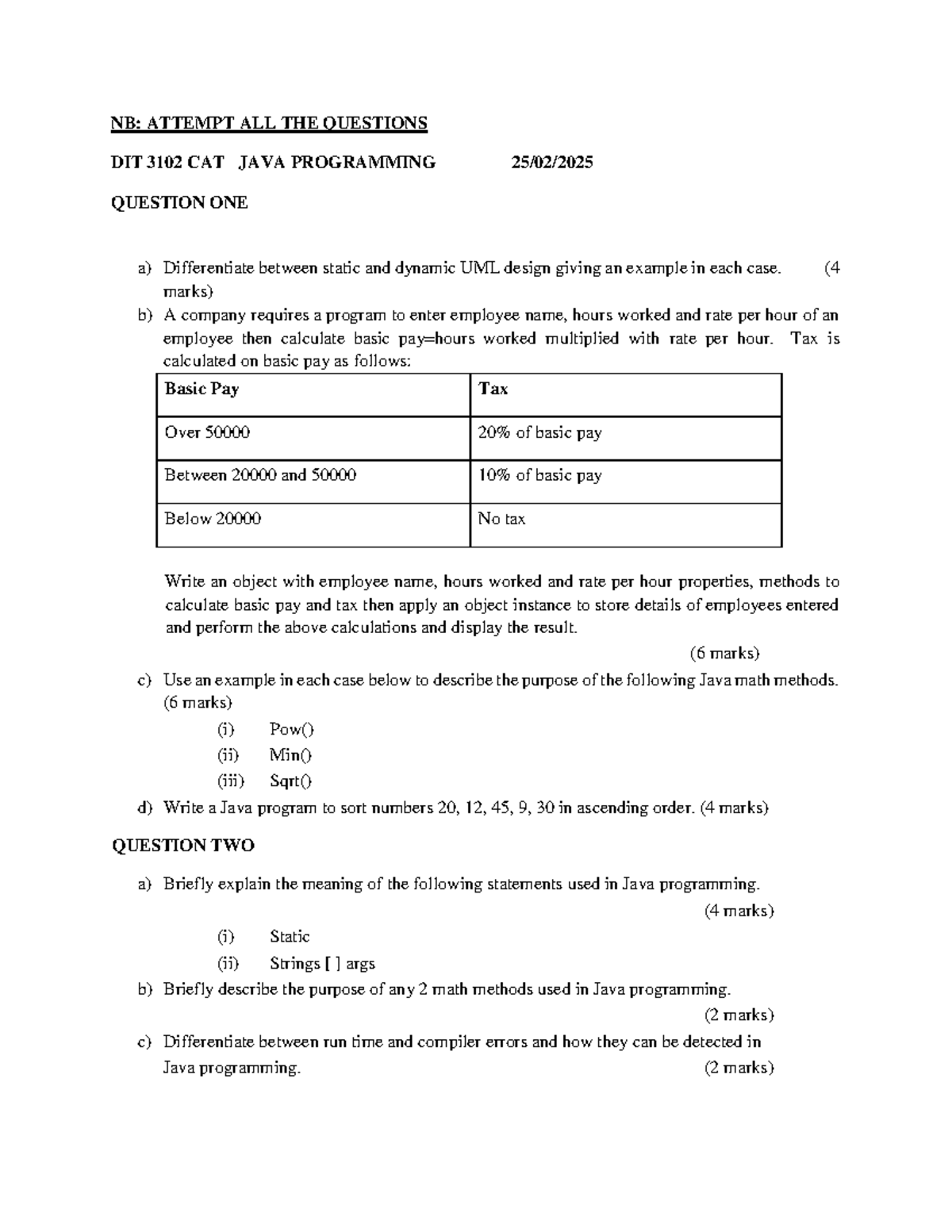 DIT3102 CAT: Java Programming Exam Questions and Solutions - Studocu
