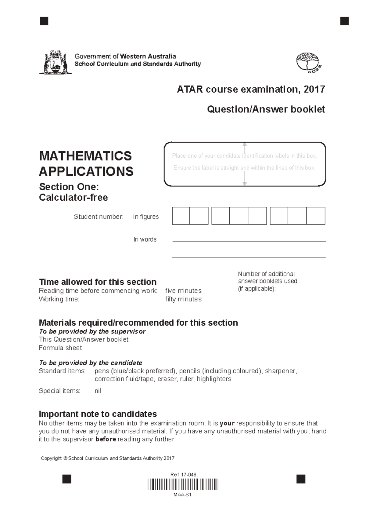 ATAR Mathematics Applications Exam 2017 Booklet - Studocu