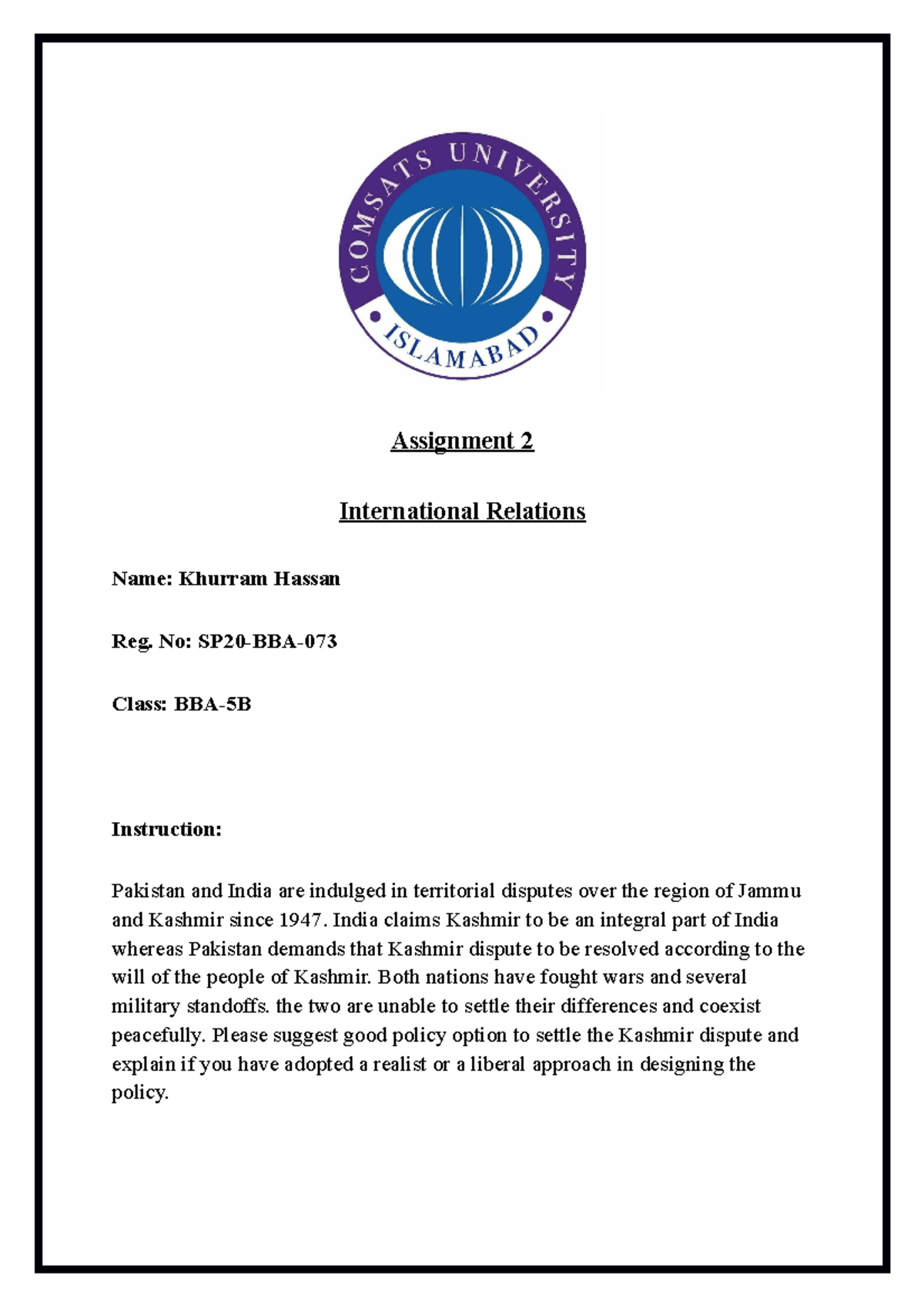Assignment 2 IR - Assignment 2 International Relations Name: Khurram ...
