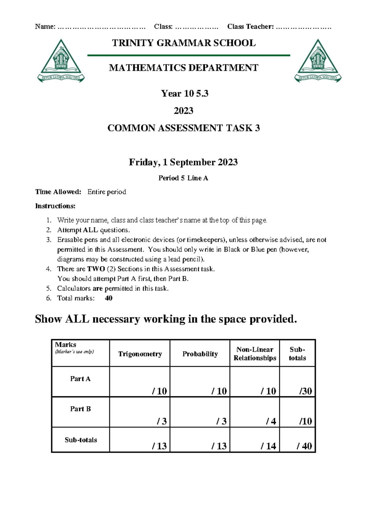 2023 10MA 5.3 Common Assessment Task 3 - Mathematics - Studocu