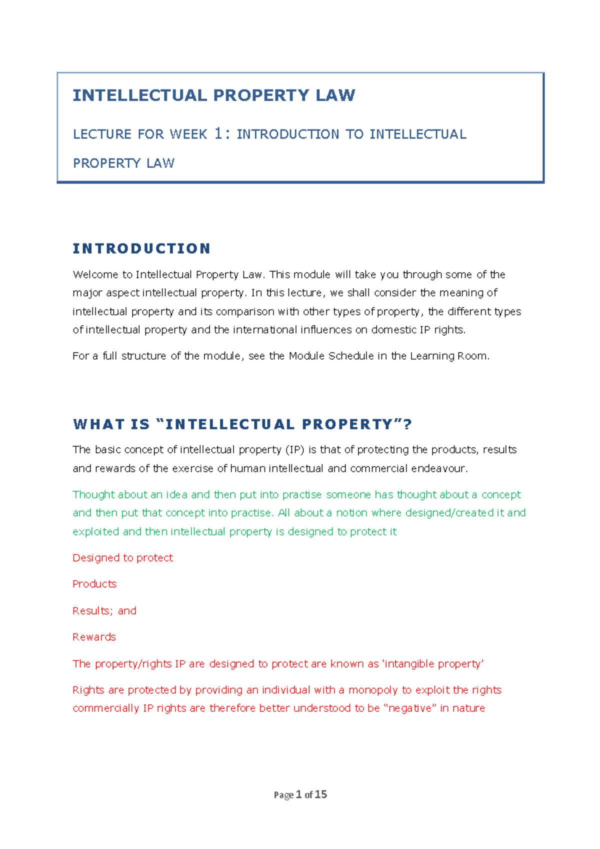 IP Law Lecture Handout Week 1: Introduction to Intellectual Property ...