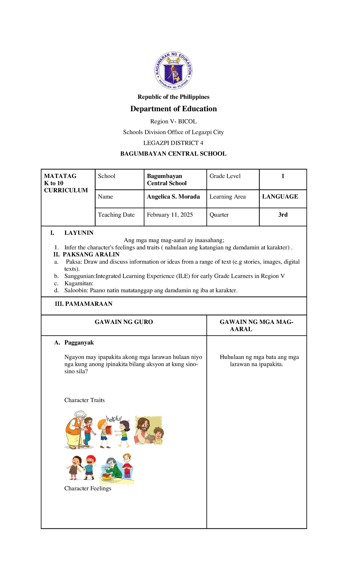 Language - Lesson Plan in Grade 1 - Republic of the Philippines ...
