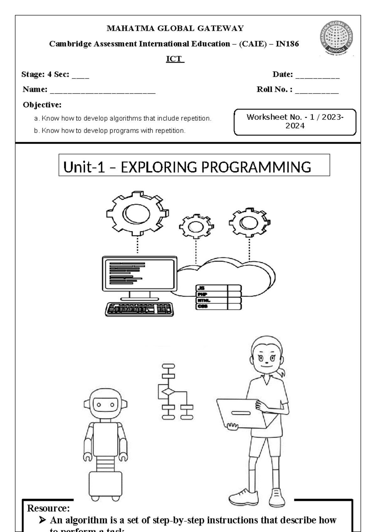 MAHATMA GLOBAL GATEWAY CAIE IN186 ICT Stage 4 Unit 1 Worksheet - Studocu