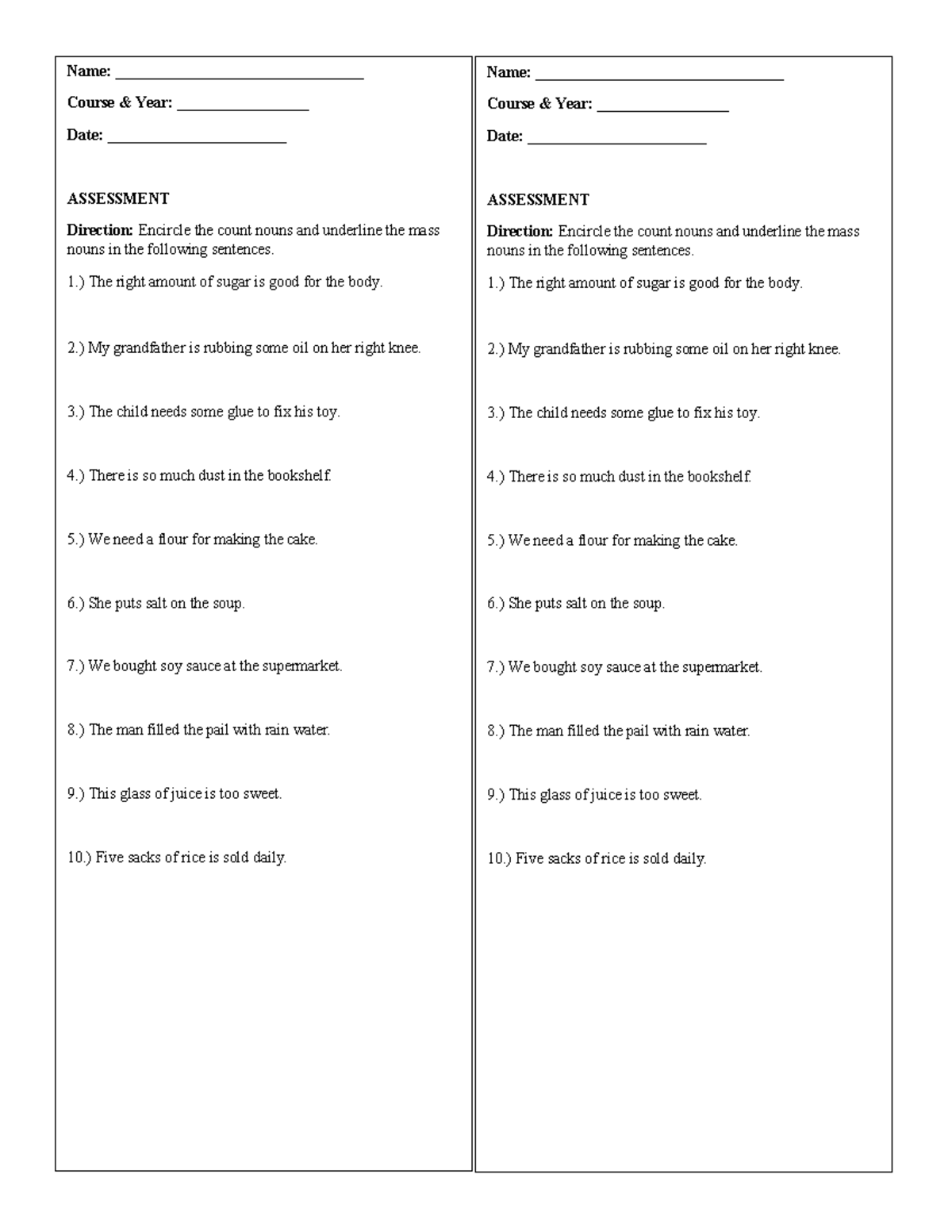Assessment on Count and Mass Nouns - Studocu