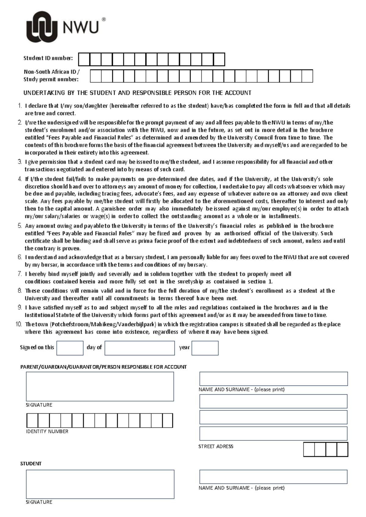 NWU Financial Undertaking Agreement - Final Document - Studocu