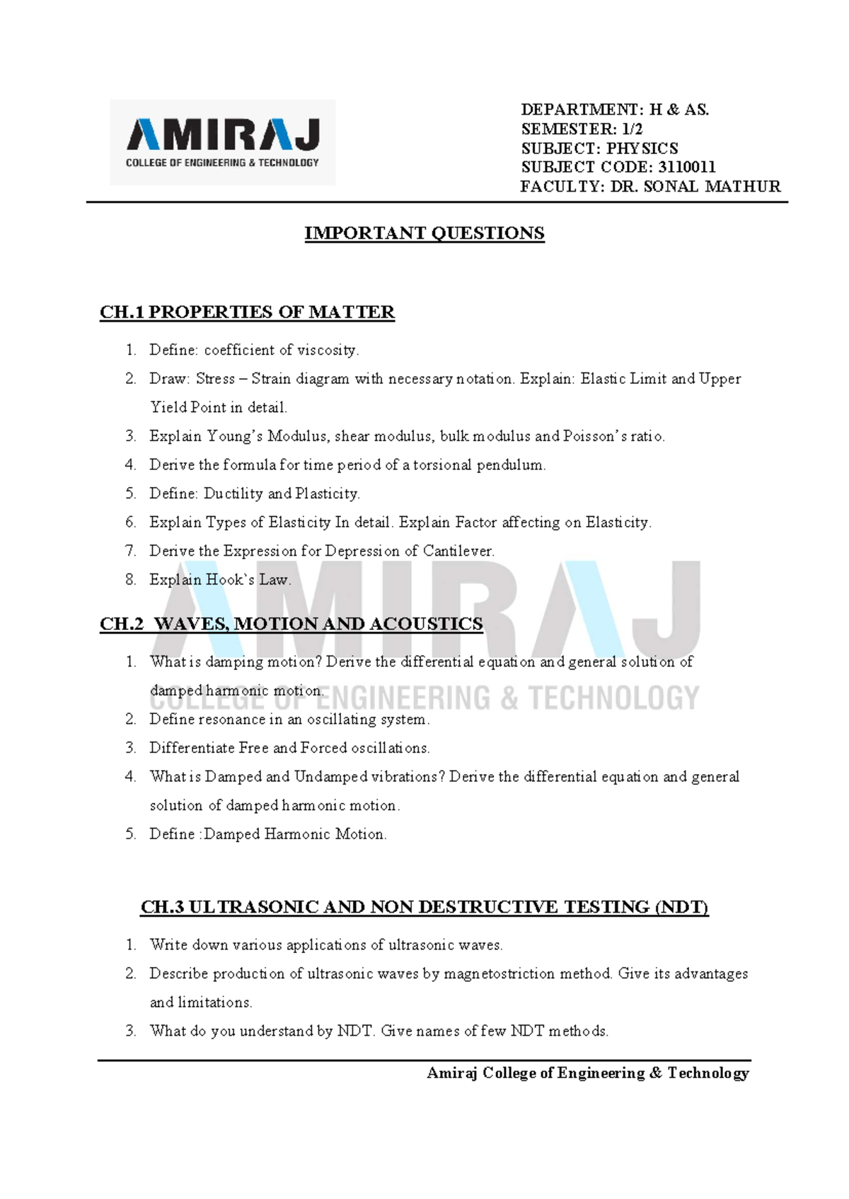 3110011 phy question bank - DEPARTMENT: H & AS. SEMESTER: 1/ SUBJECT ...