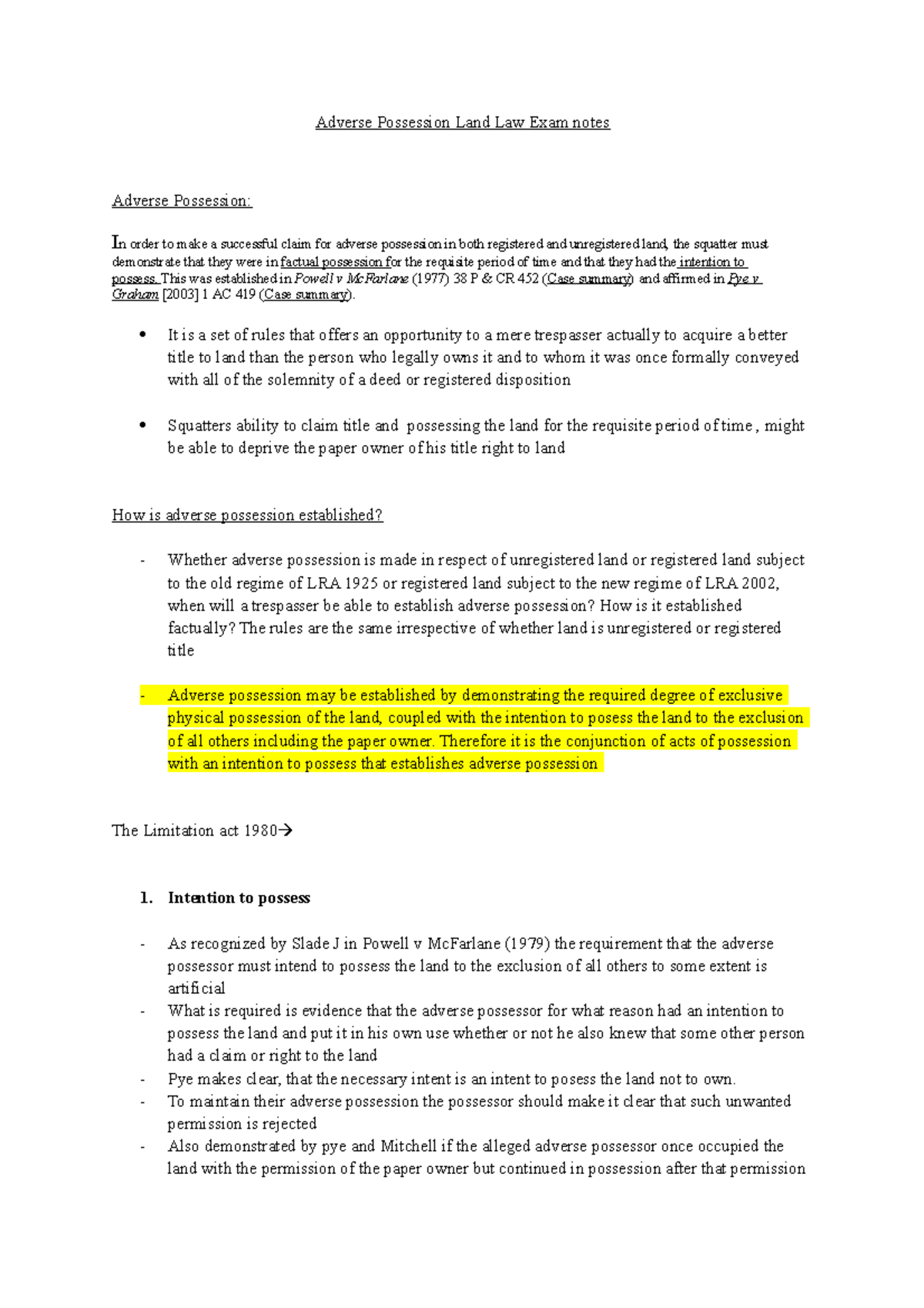 Adverse Possession Land Law Exam notes - (1977) 38 P & CR 452 (Case ...