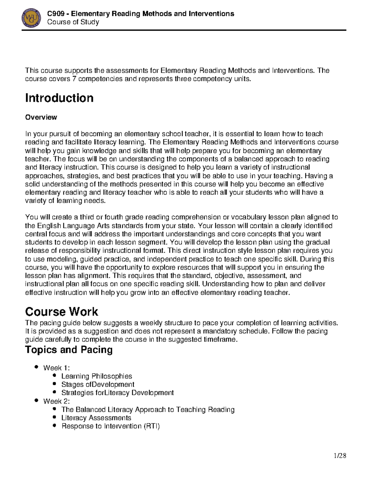 C909 Pacing Guide - Course of Study This course supports the ...