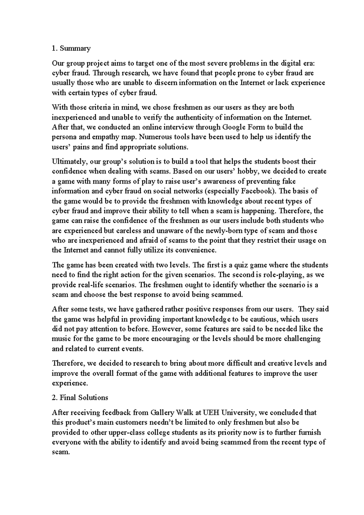 Final Project Report - Solution for Cyber Fraud Awareness (CS101) - Studocu