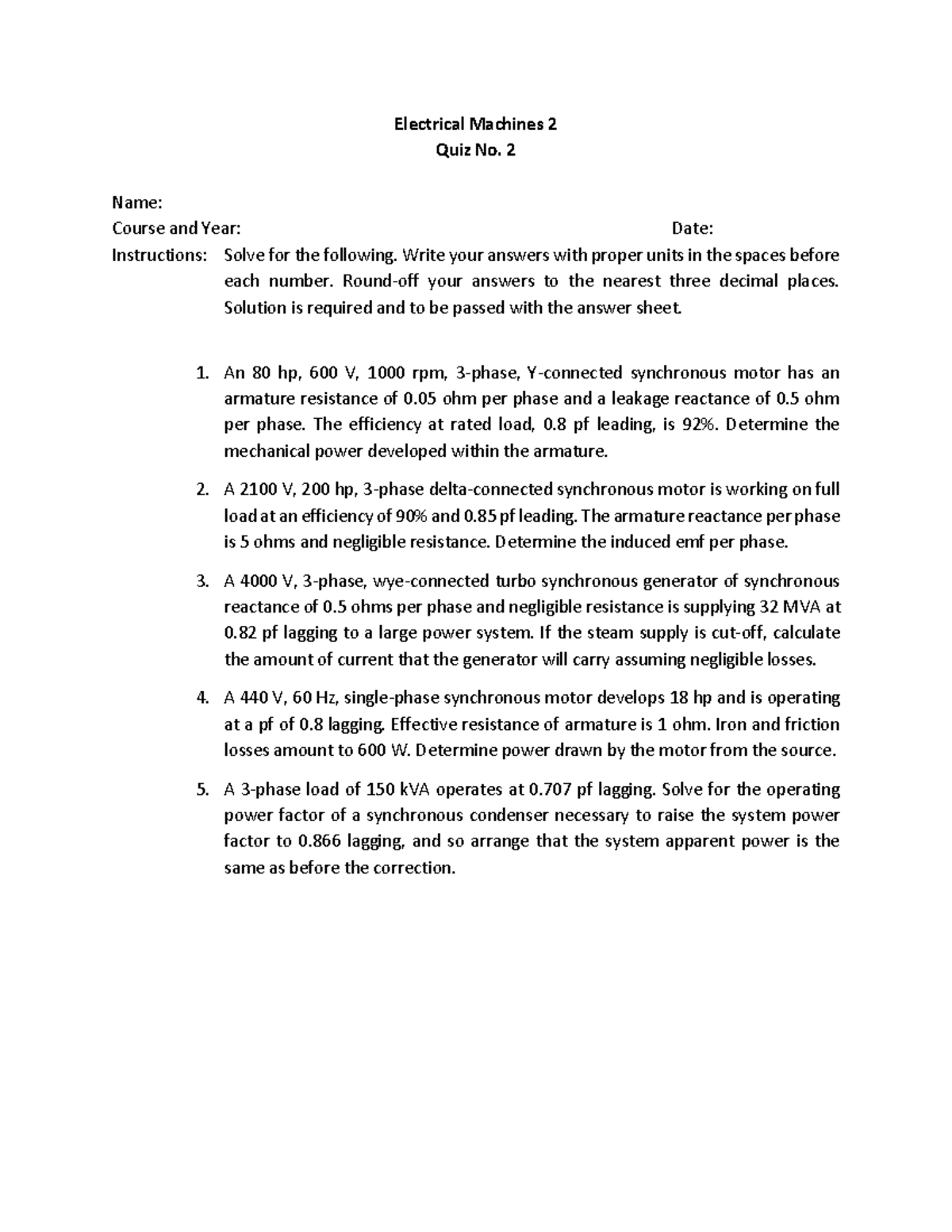 EE3212-Quiz-02: Electrical Machines 2 Problem Solutions - Studocu