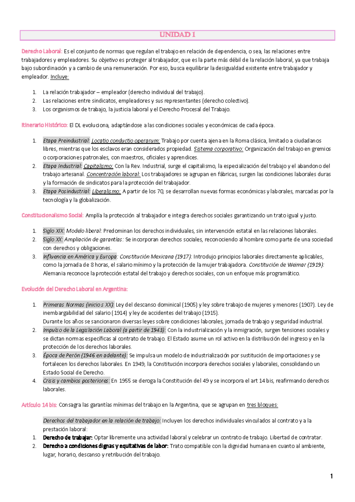Resumen Unidad 1: Derecho Laboral y Previsional (Derecho Laboral) - Studocu