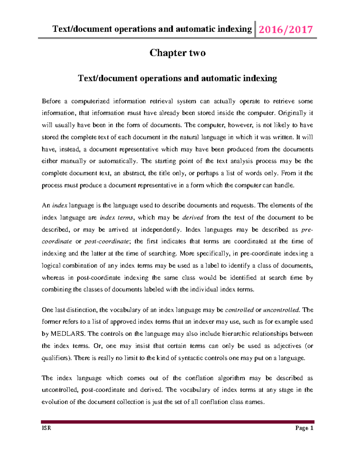 IR - Chapter 2: Text Operations and Automatic Indexing Lecture Notes ...