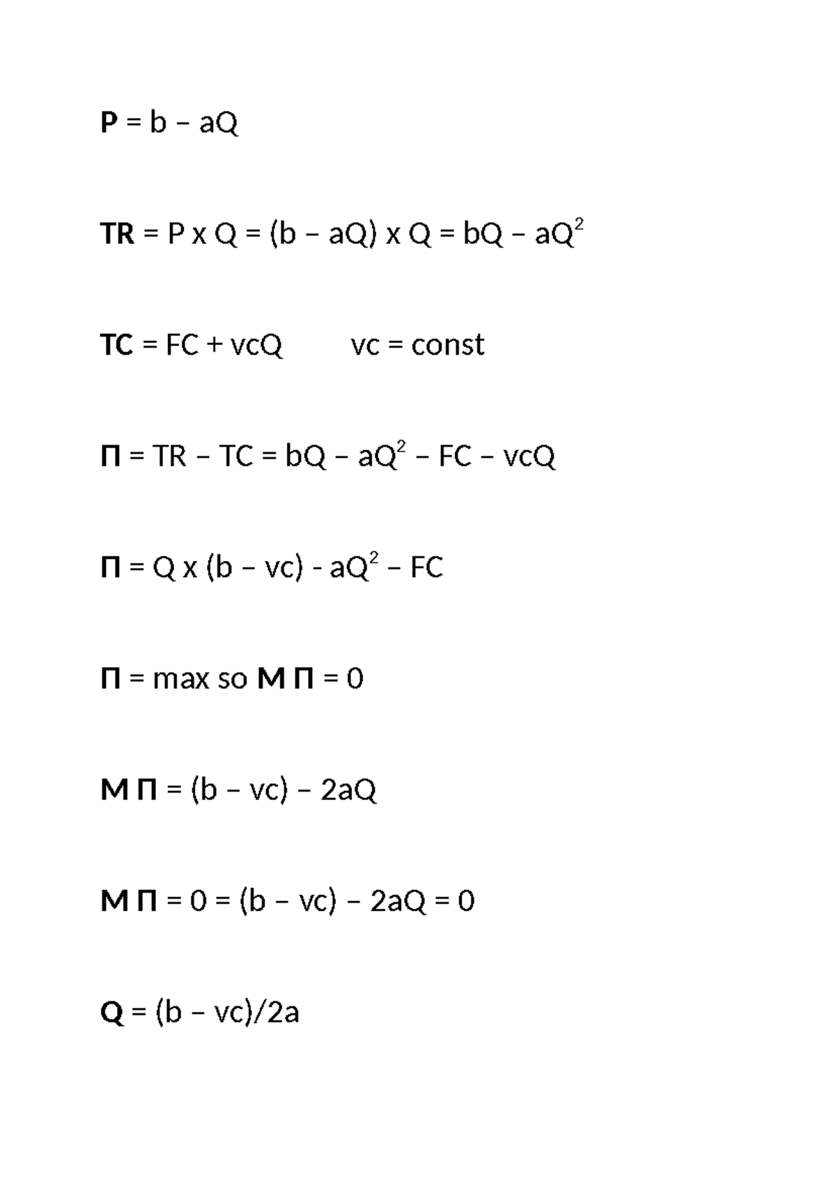 Formulas for Marginal Analysis - Managerial Economics - P = b – aQ TR ...