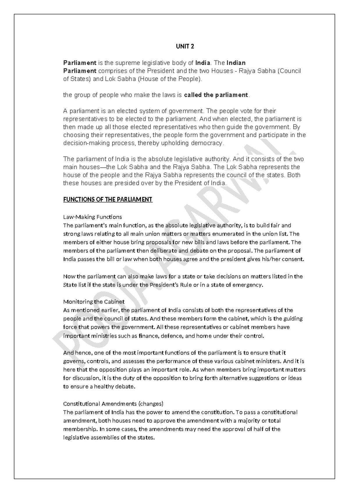 UNIT 2 - The Role and Functions of the Indian Parliament - Studocu