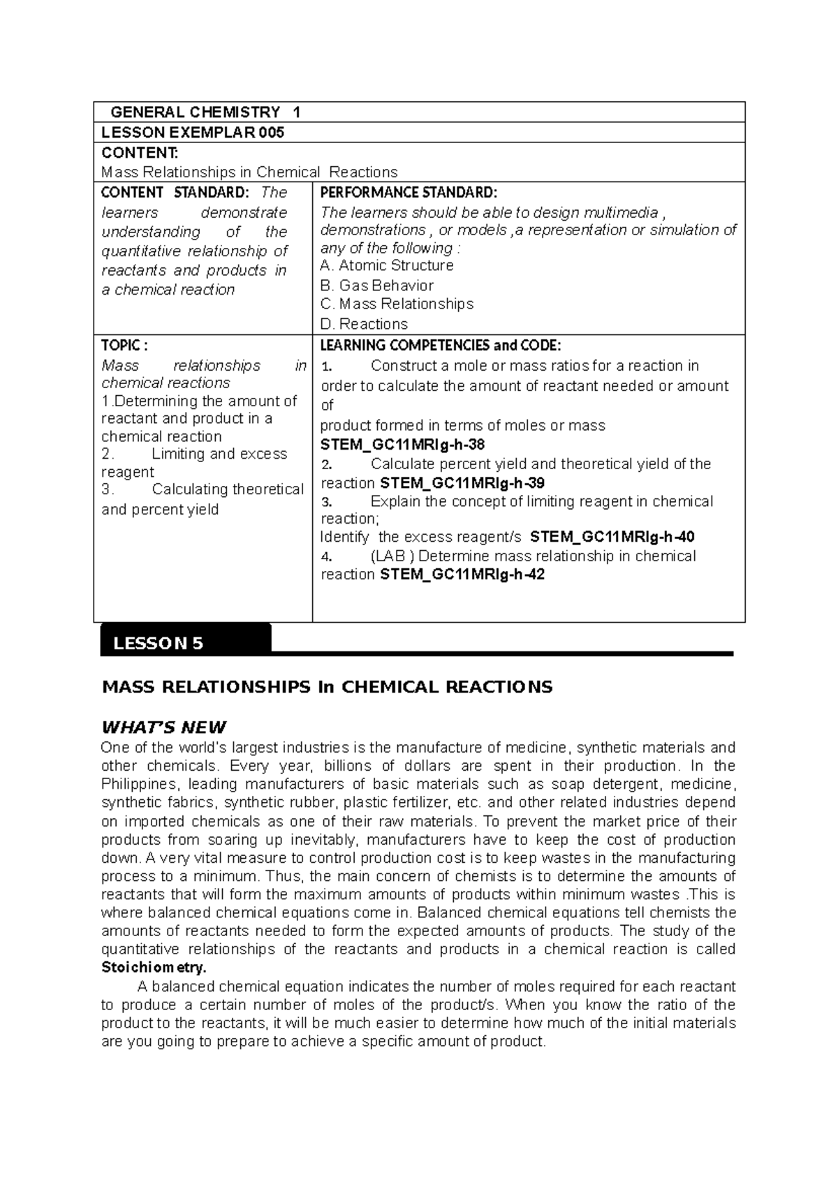 Lesson Exemplars: Mass Relationships & Gases - General Chemistry 1 ...