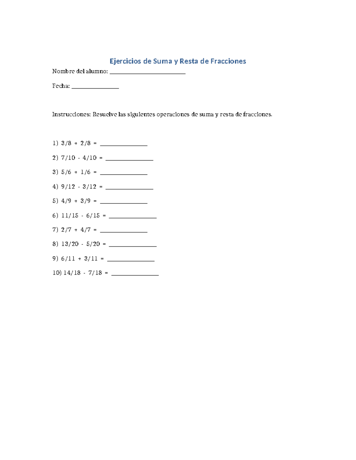 Ejercicios Suma y Resta de Fracciones 3er Grado - Ejercicios de Suma y ...