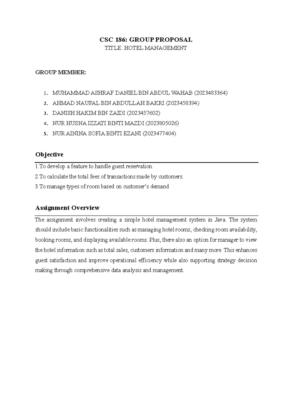 CSC 186: Group Proposal for Hotel Management System Development - Studocu