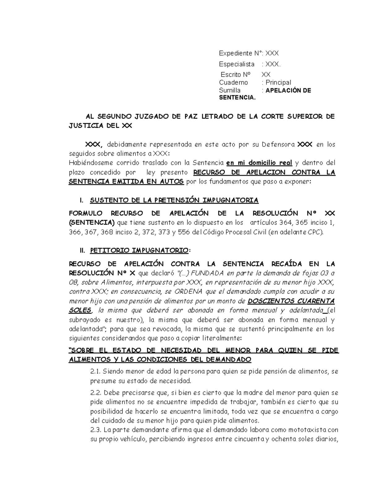 Modelo de Apelación de Sentencia - Expediente N° XXX (CIVIL) - Document Preview