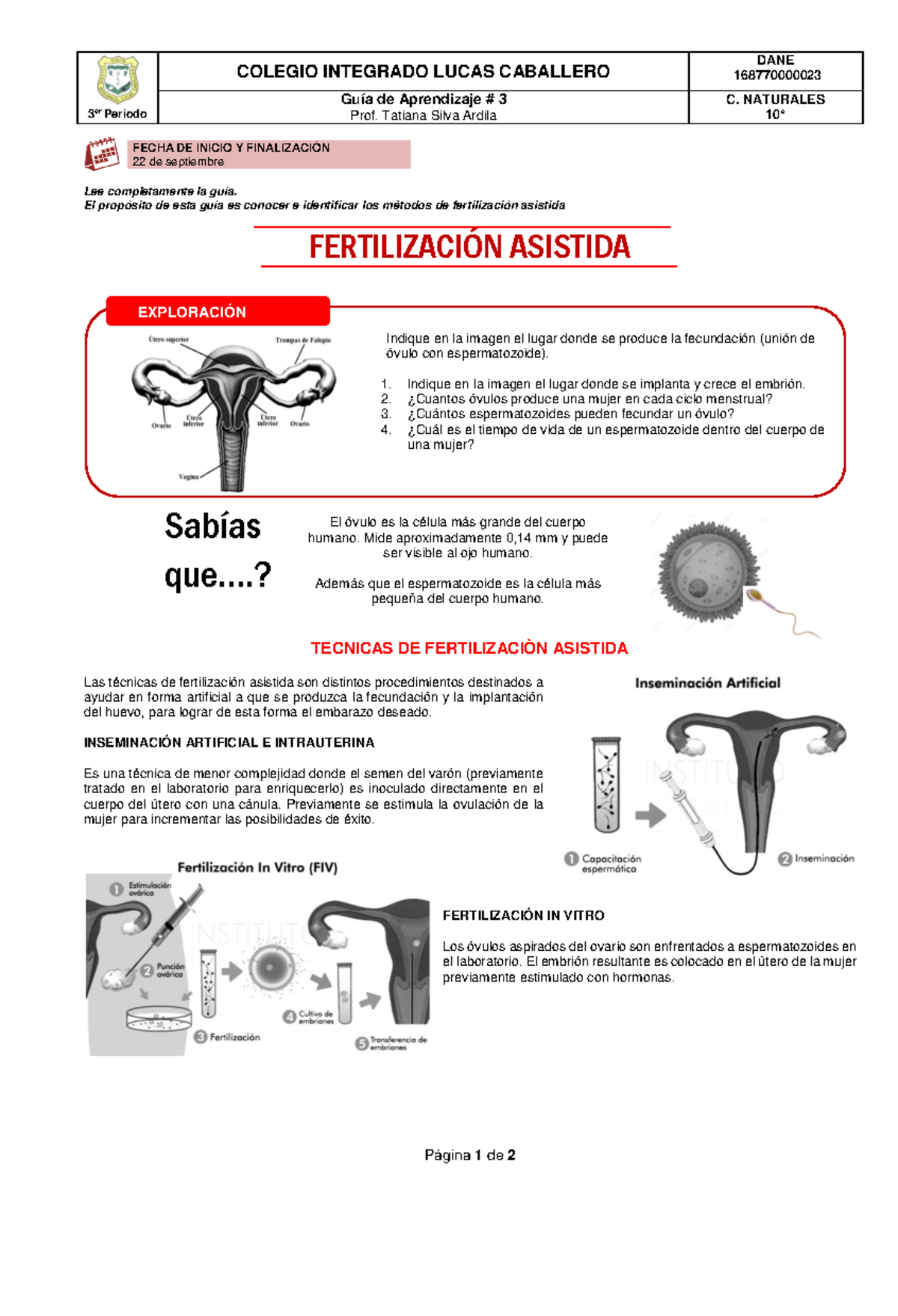 Guía 03 de C. Naturales sobre Fertilización Asistida - 10° C. - Document Preview