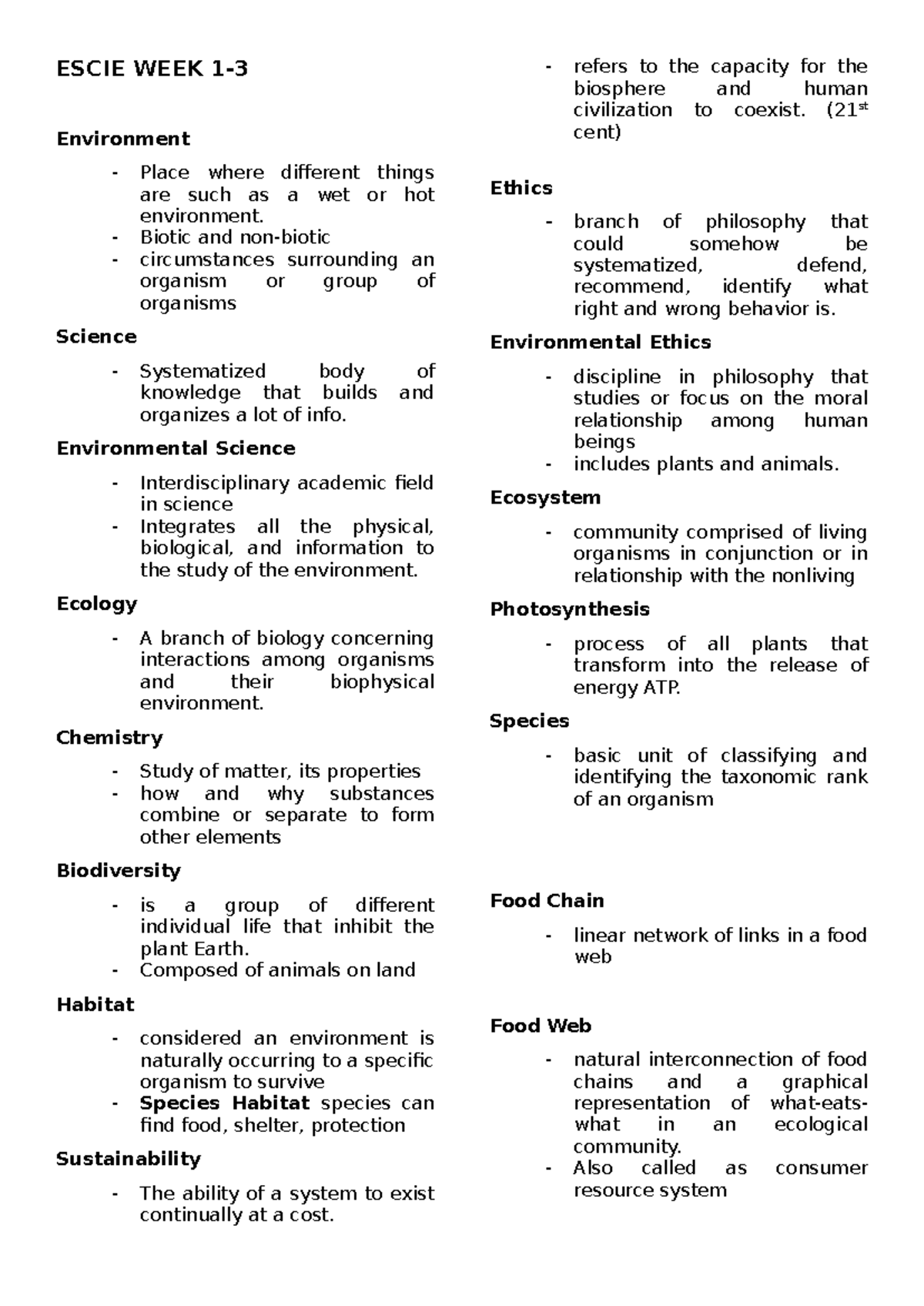 ESCIE WEEK Environmental Science Review: Key Concepts and Terms - Studocu
