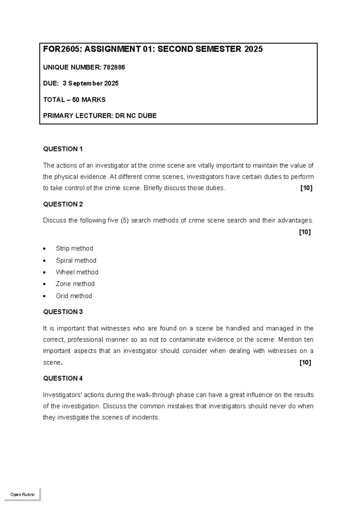 FOR2605: Assignment 01 - Crime Scene Investigation Duties & Methods ...