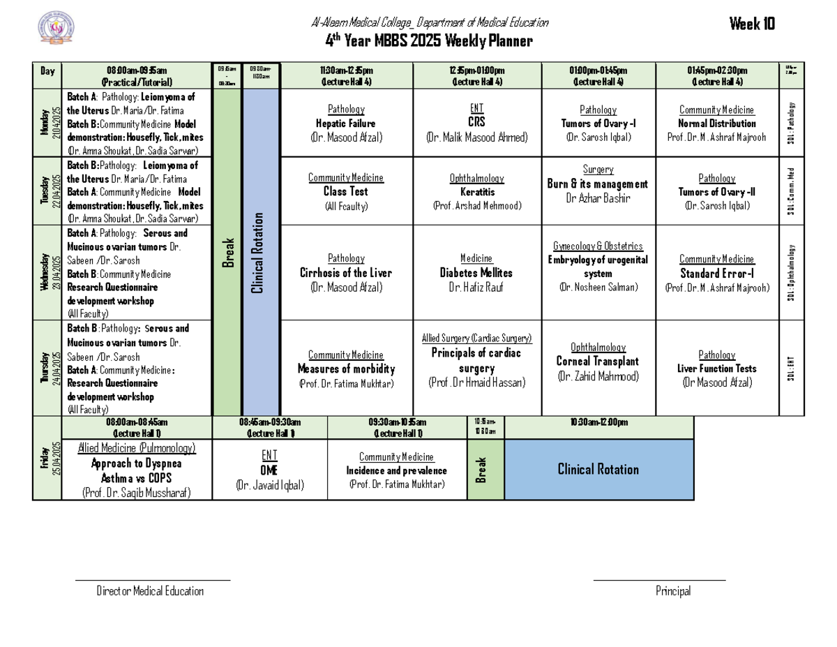 Week 10 4th Year MBBS 2025 Medical Education Schedule - Studocu