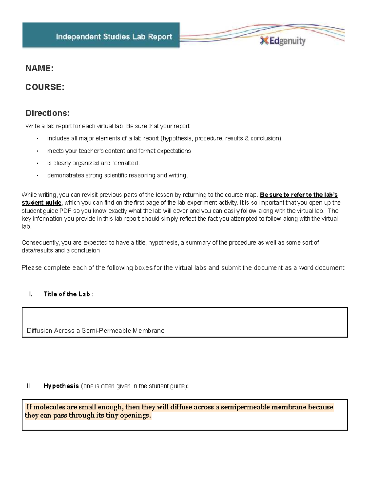 Diffusion Across a Membrane Lab Report (BIO 101) - Studocu