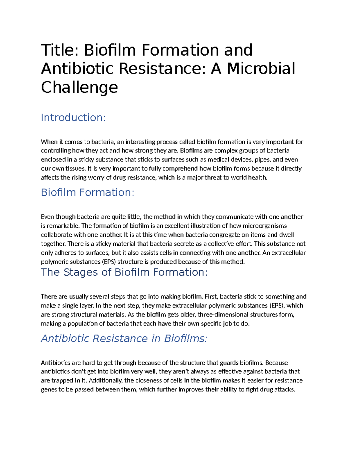Biofilm Formation and Antibiotic Resistance A Microbial Challenge ...