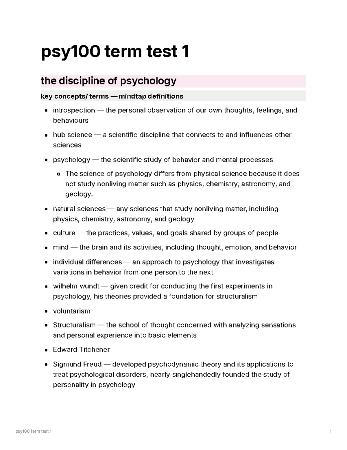 PSY100 Term Test 1: Key Concepts and Definitions in Psychology - Studocu
