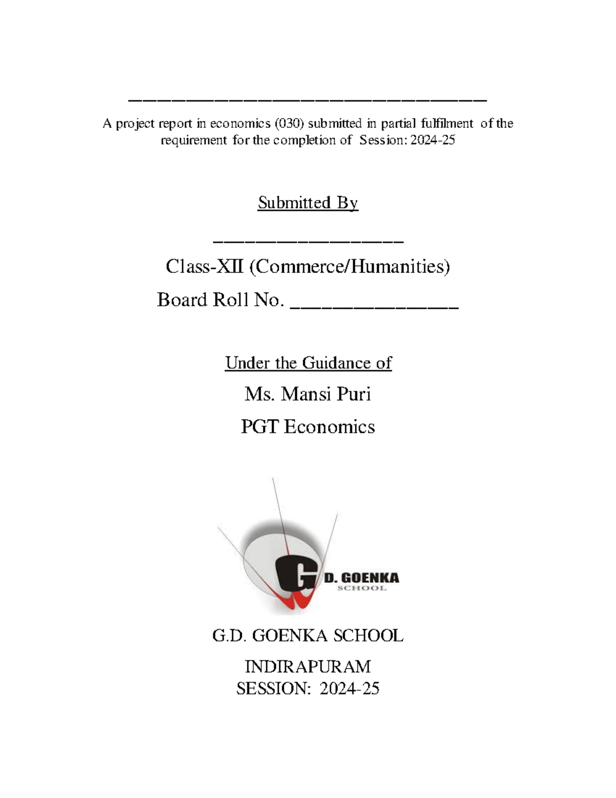 Economics Project Report (030) for Class XII Commerce - Studocu