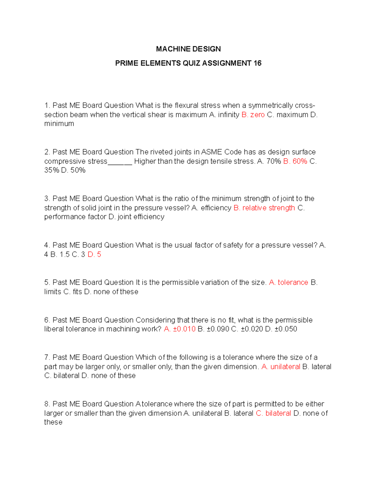 Machine Design Quiz Assignment 16 - Prime Elements Evaluation - Studocu