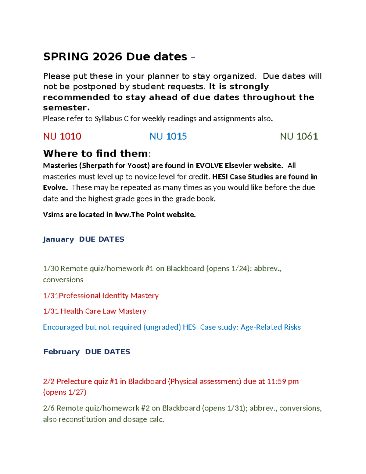 NU 1010/1015/1061 Spring 2026 Due Dates & Important Reminders - Studocu
