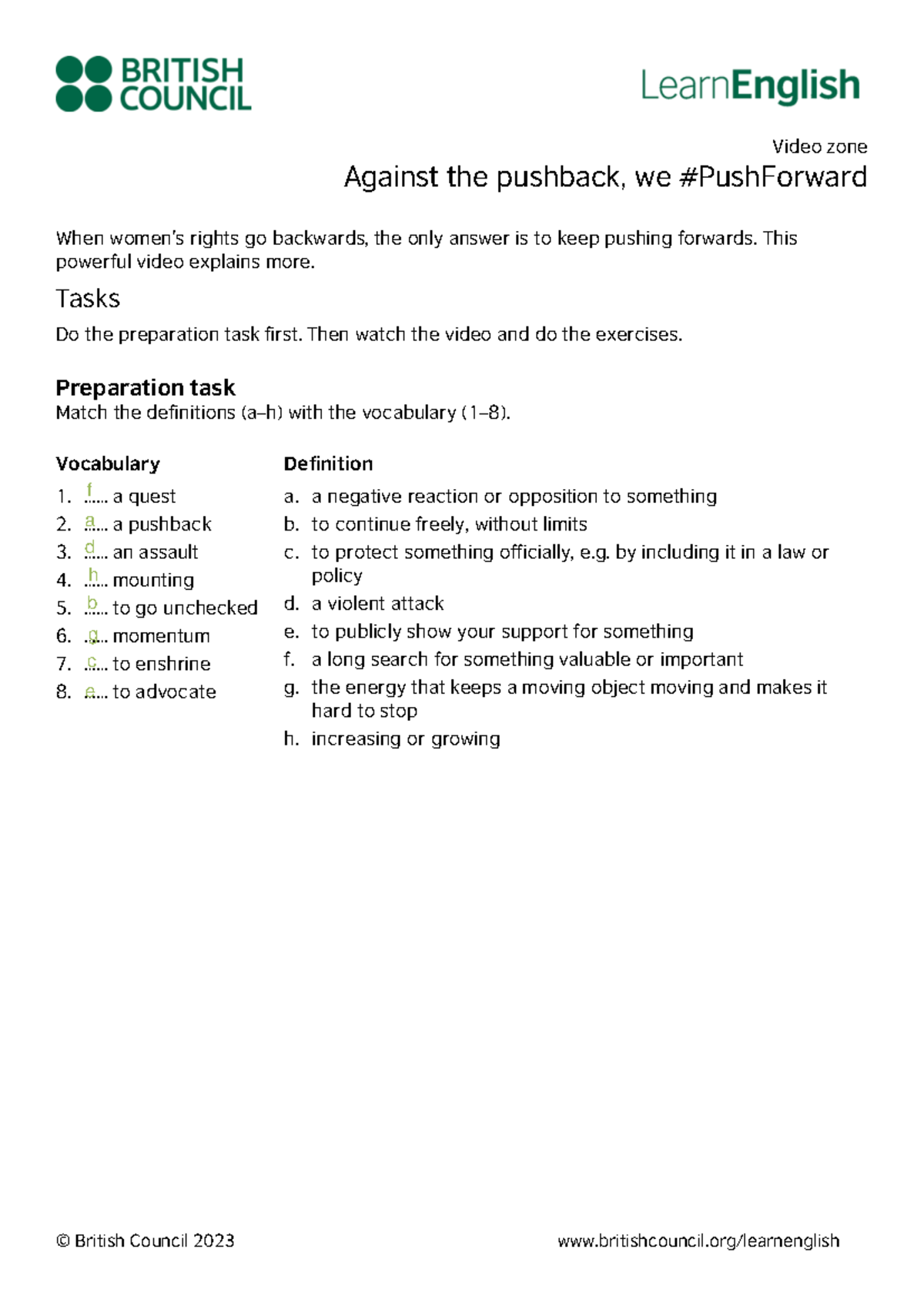 Against the Pushback: Vocabulary & Video Tasks - Studocu