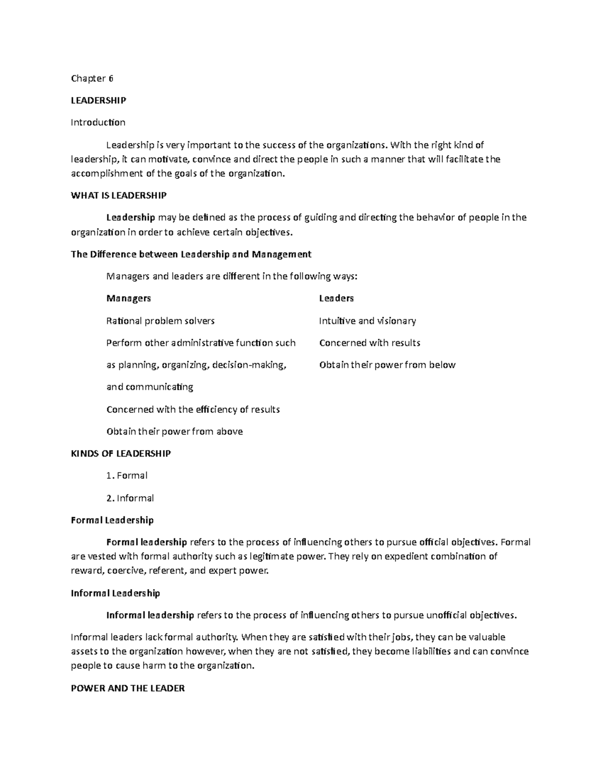 Chapter 6(mgt) - Chapter 6 LEADERSHIP Introducion Leadership is very ...
