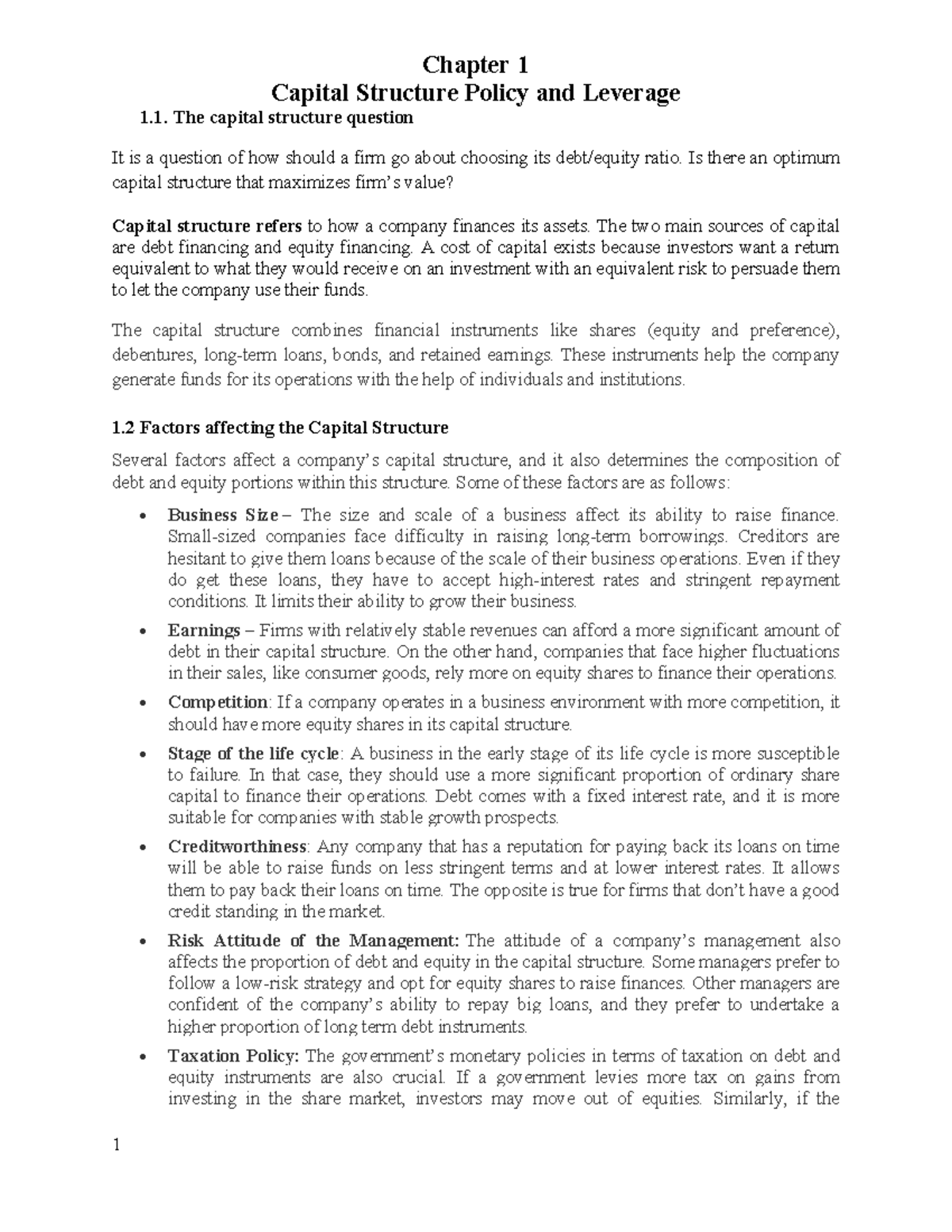 FM II Ch-1: Capital Structure Policy and Leverage Lecture Notes - Studocu