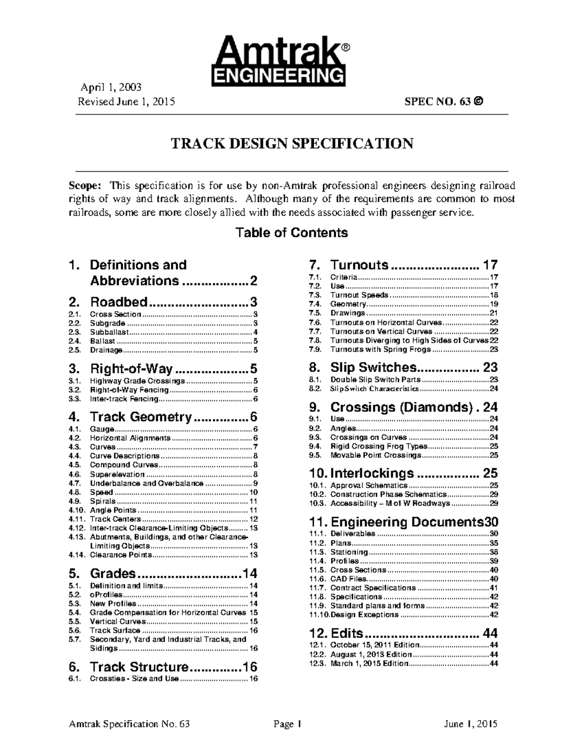 Amtrak Specification No. 63: Track Design Guidelines and Standards ...