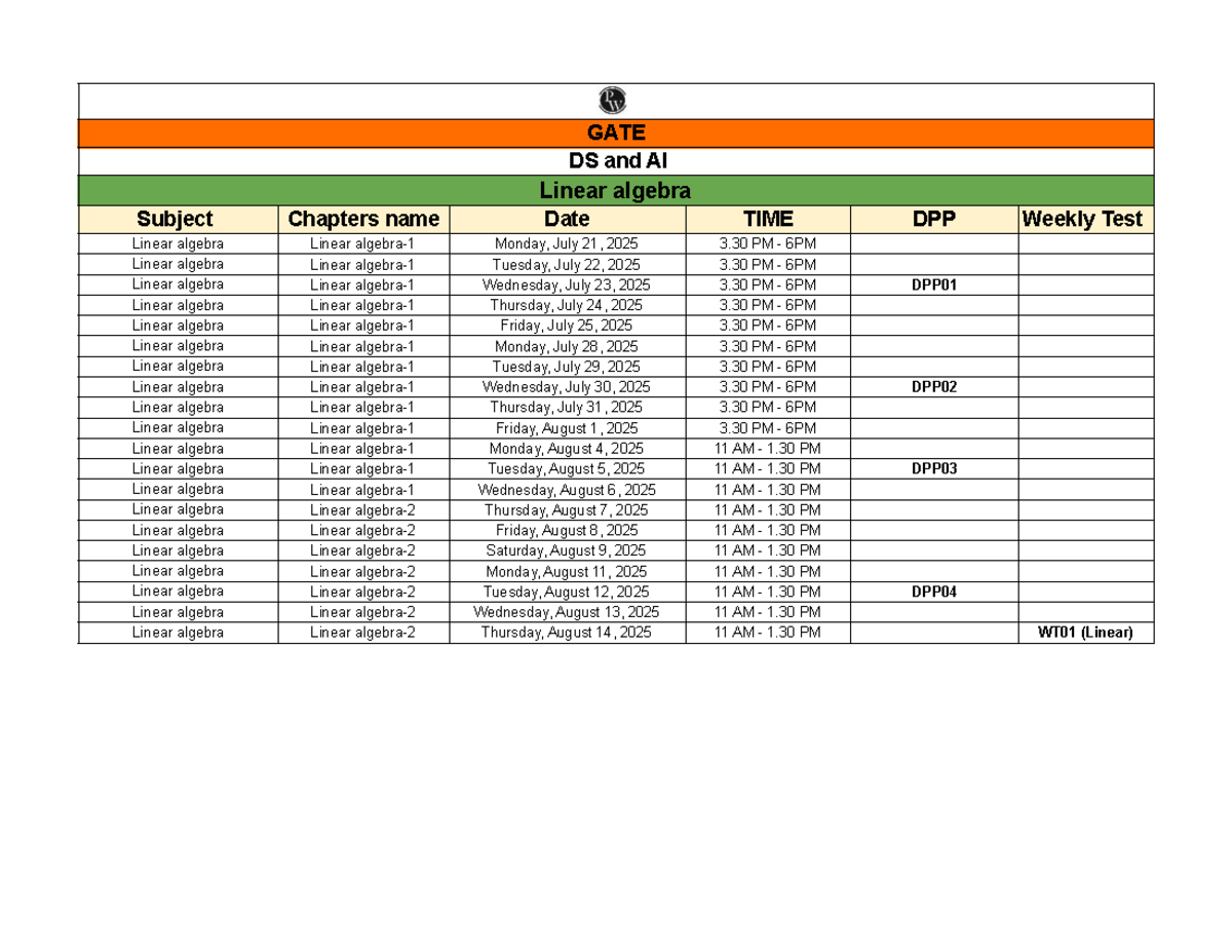 GATE DS & AI: Linear Algebra Chapter Planner & Schedule - Studocu
